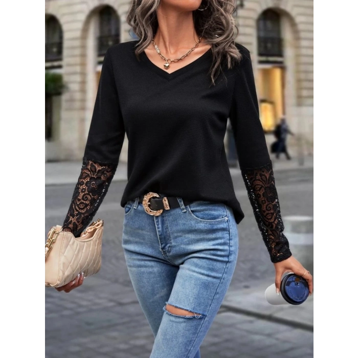 MDB Kadın Uzun Kollu V Yakalı Dantelli Waffle Bluz
