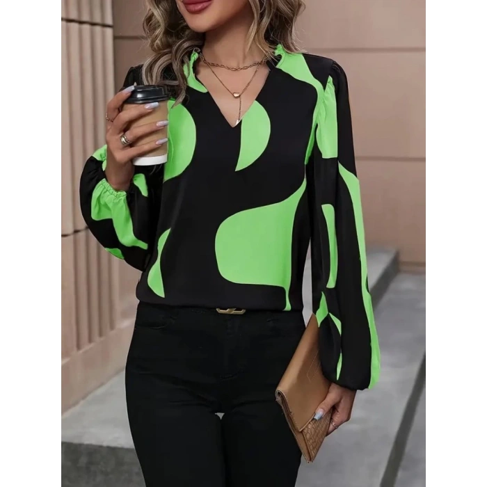 MDB Kadın Uzun Kollu V Yakalı Desenli Modal Bluz