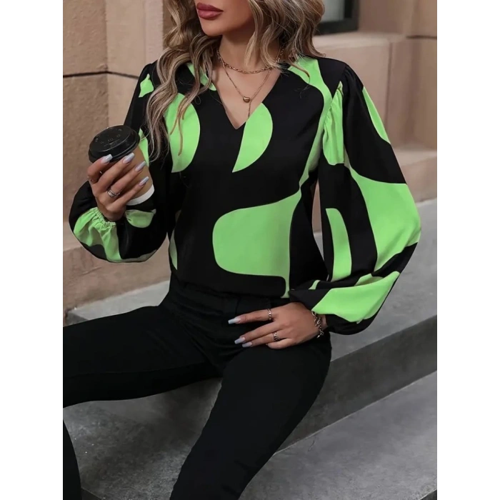 MDB Kadın Uzun Kollu V Yakalı Desenli Modal Bluz