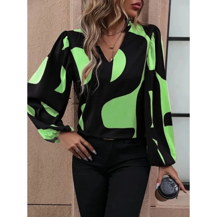 MDB Kadın Uzun Kollu V Yakalı Desenli Modal Bluz