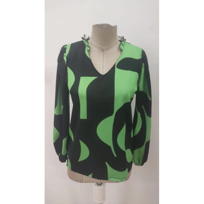 MDB Kadın Uzun Kollu V Yakalı Desenli Modal Bluz