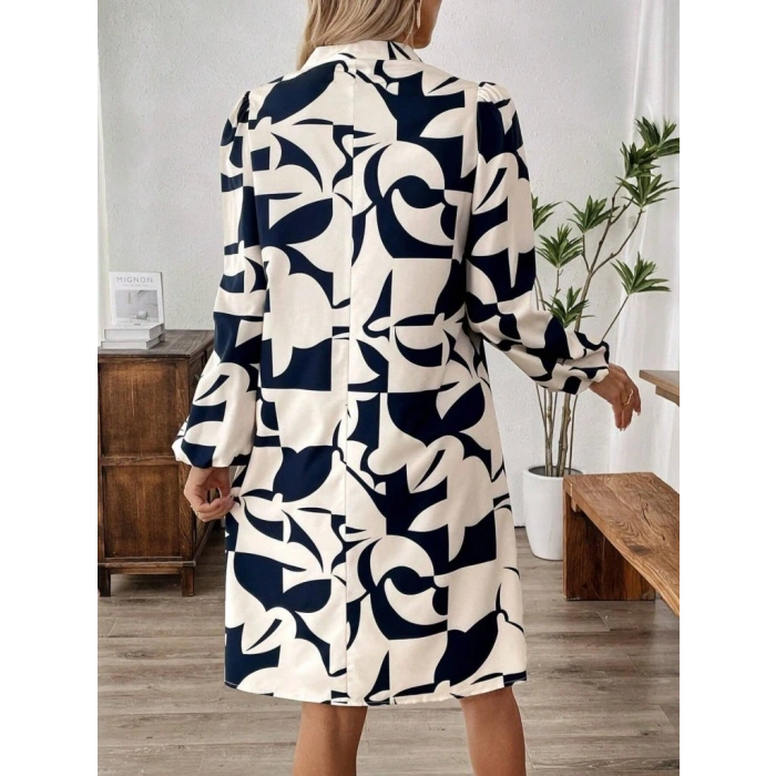 MDB Kadın Uzun Kollu V Yakalı Desenli Modal Mini Elbise