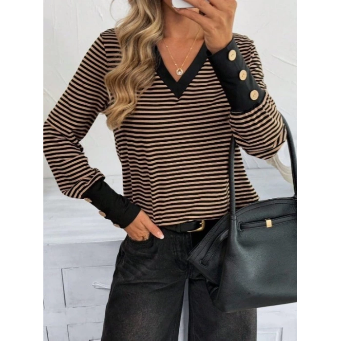 MDB Kadın Uzun Kollu V Yakalı Desenli Süprem Bluz