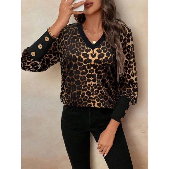 MDB Kadın Uzun Kollu V Yakalı Desenli Süprem Bluz