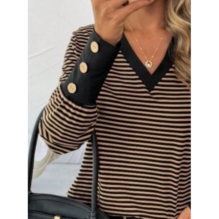 MDB Kadın Uzun Kollu V Yakalı Desenli Süprem Bluz