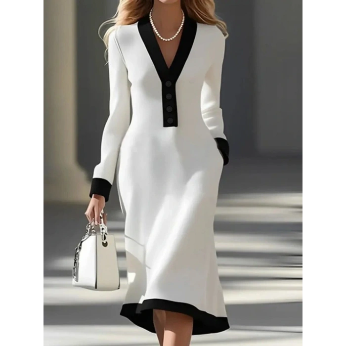 MDB Kadın Uzun Kollu V Yakalı Düğmeli Midi Modal Elbise