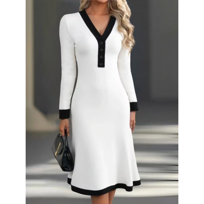 MDB Kadın Uzun Kollu V Yakalı Düğmeli Midi Modal Elbise