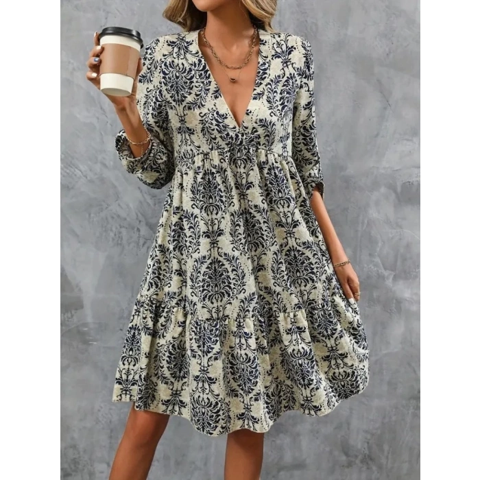 MDB Kadın Uzun Kollu V Yakalı Fırfırlı Mini Süprem Elbise