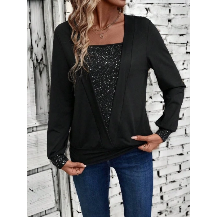 MDB Kadın Uzun Kollu V Yakalı Içi Süprem Desenli Dışı Viskon Bluz