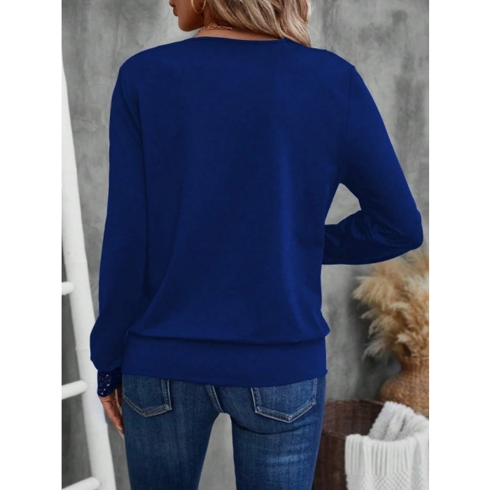 MDB Kadın Uzun Kollu V Yakalı Içi Süprem Desenli Dışı Viskon Bluz