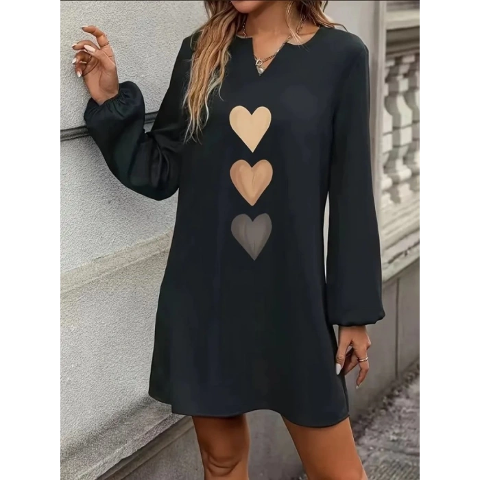 MDB Kadın Uzun Kollu V Yakalı Kalp Desenli Mini Ithal Krep Elbise