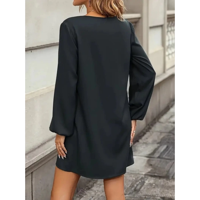 MDB Kadın Uzun Kollu V Yakalı Kalp Desenli Mini Ithal Krep Elbise