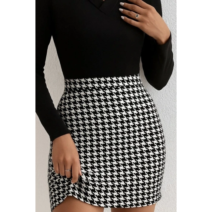 MDB Kadın Uzun Kollu V Yakalı Kaz Ayağı Desenli şardonlu Dalgıç Elbise