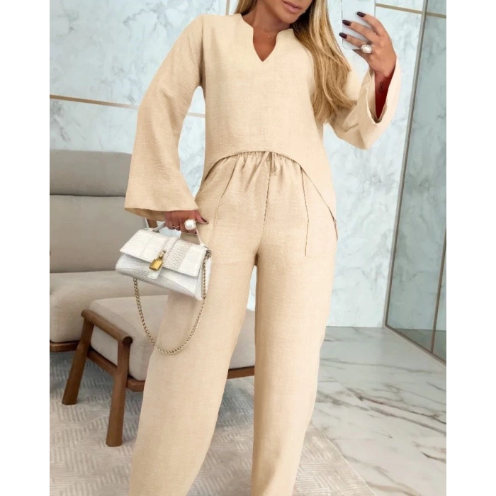 MDB Kadın Uzun Kollu V Yakalı Keten Bluz Bağcıklı Pantolon Ikili Takım