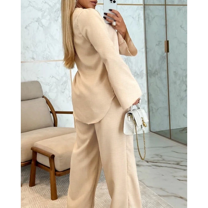 MDB Kadın Uzun Kollu V Yakalı Keten Bluz Bağcıklı Pantolon Ikili Takım