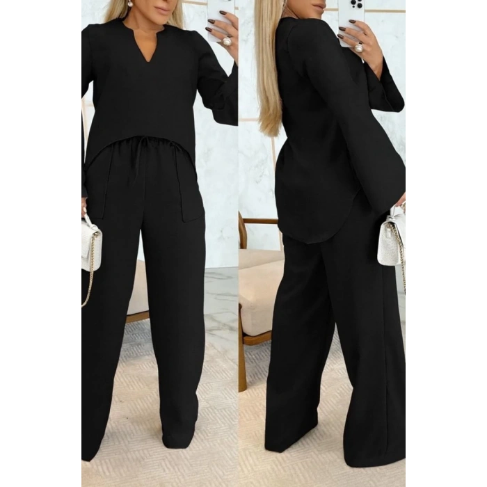 MDB Kadın Uzun Kollu V Yakalı Keten Bluz Bağcıklı Pantolon Ikili Takım