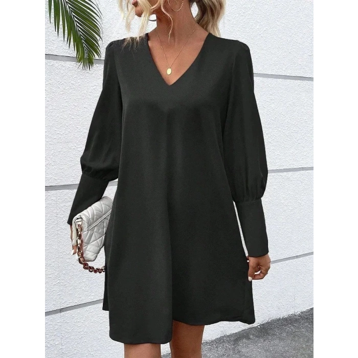 MDB Kadın Uzun Kollu V Yakalı Kısa Ithal Krep Elbise