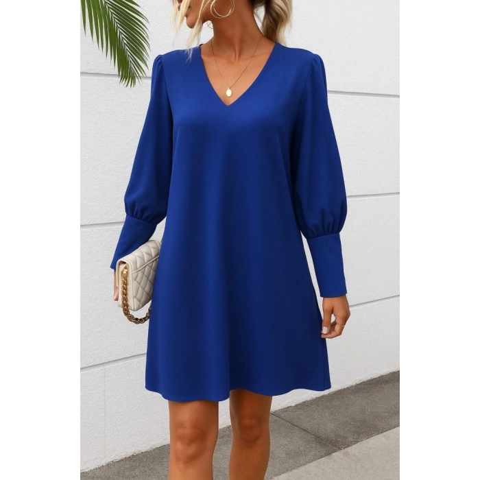 MDB Kadın Uzun Kollu V Yakalı Kısa Ithal Krep Elbise