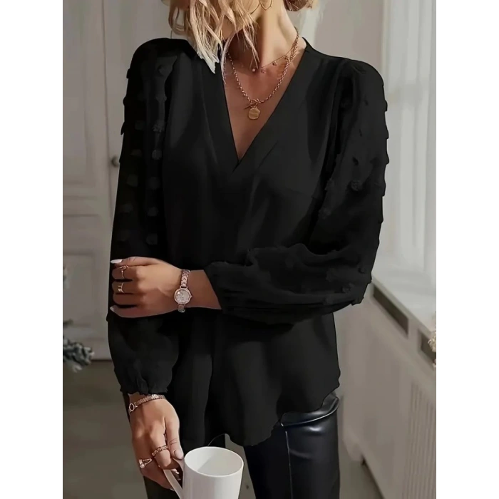 MDB Kadın Uzun Kollu V Yakalı Kolları Popon Detaylı Sandy Bluz