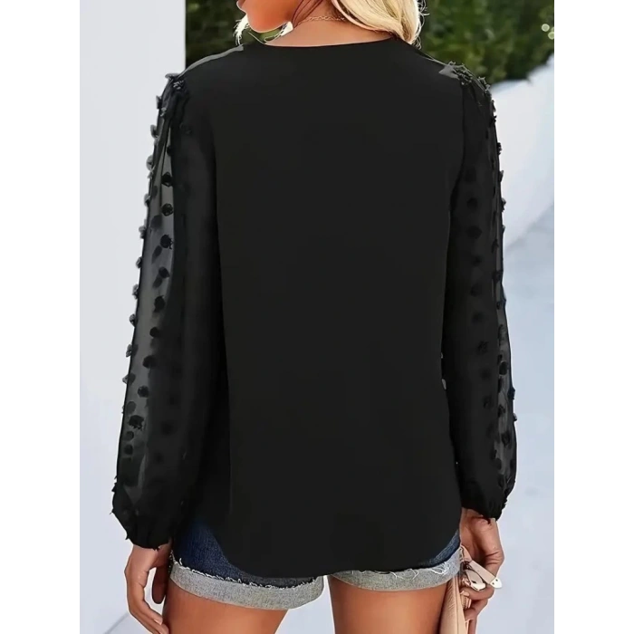 MDB Kadın Uzun Kollu V Yakalı Kolları Popon Detaylı Sandy Bluz