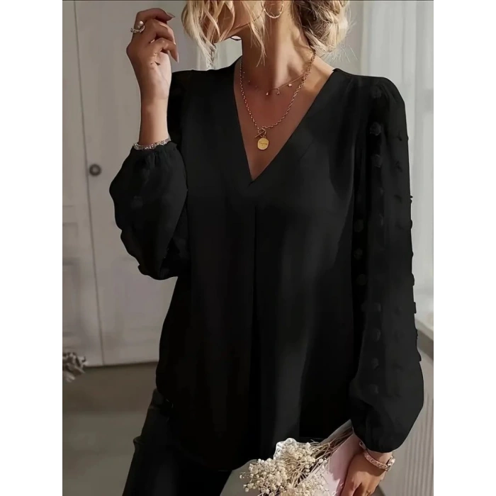 MDB Kadın Uzun Kollu V Yakalı Kolları Popon Detaylı Sandy Bluz