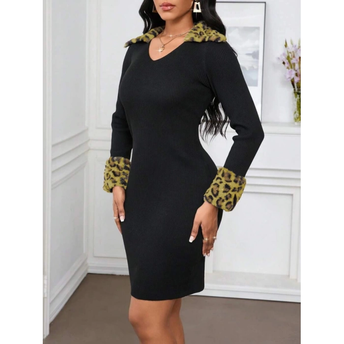 MDB Kadın Uzun Kollu V Yakalı Kürk Detaylı Kaşkorse Elbise