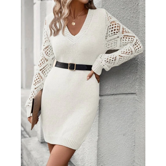 MDB Kadın Uzun Kollu V Yakalı Mini Triko Elbise