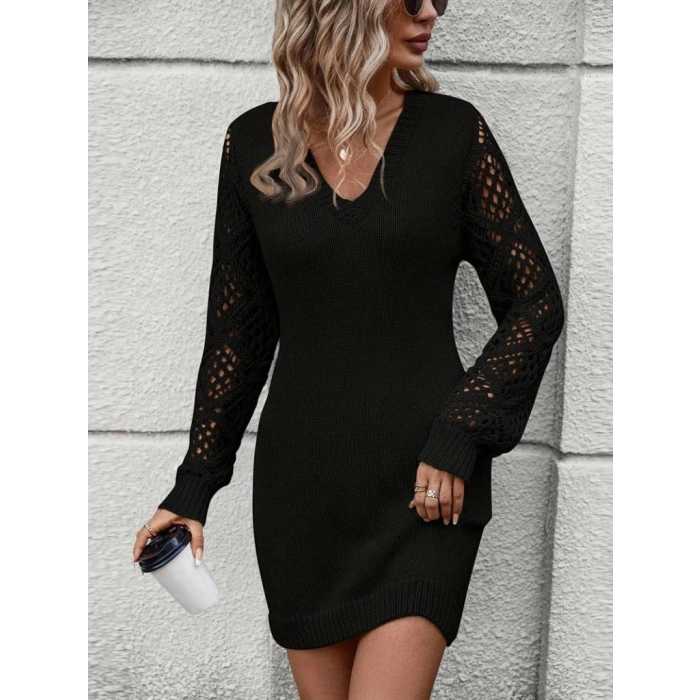 MDB Kadın Uzun Kollu V Yakalı Mini Triko Elbise