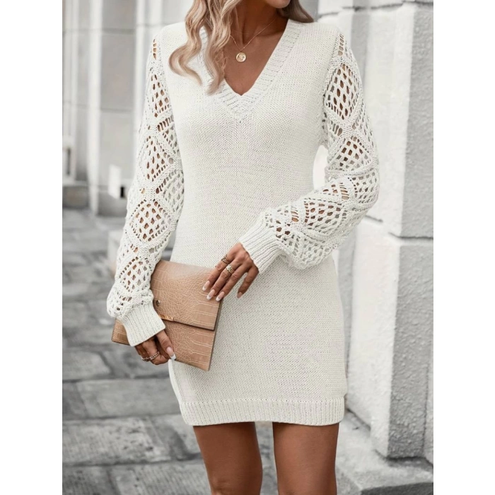 MDB Kadın Uzun Kollu V Yakalı Mini Triko Elbise