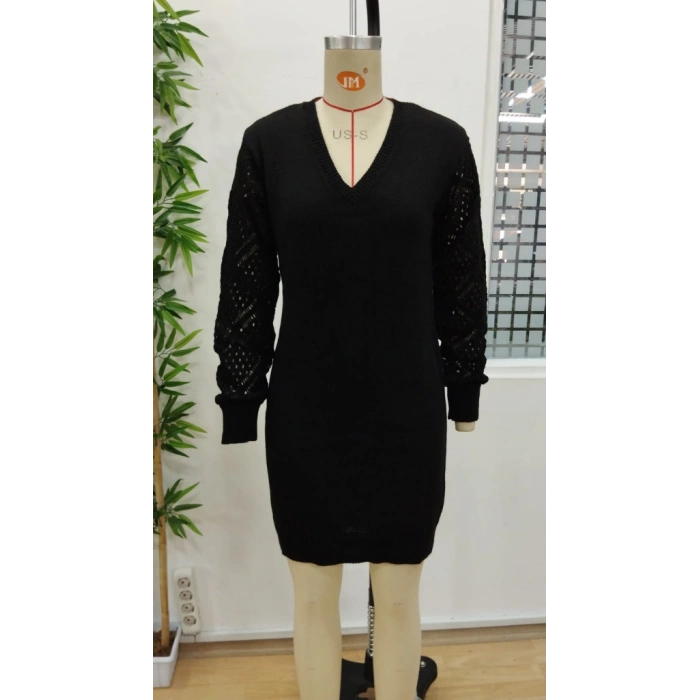 MDB Kadın Uzun Kollu V Yakalı Mini Triko Elbise