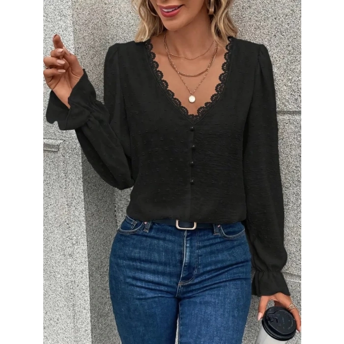 MDB Kadın Uzun Kollu V Yakalı önden Düğmeli Bluz