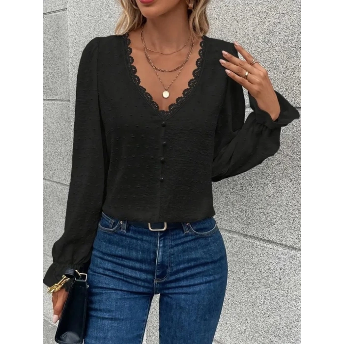 MDB Kadın Uzun Kollu V Yakalı önden Düğmeli Bluz