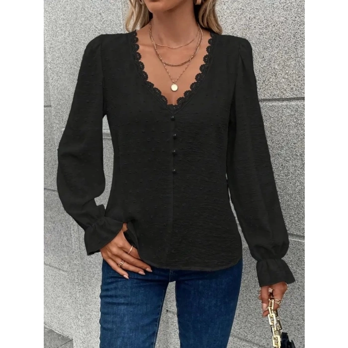 MDB Kadın Uzun Kollu V Yakalı önden Düğmeli Bluz