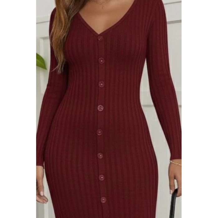 MDB Kadın Uzun Kollu V Yakalı önden Düğmeli şardonlu Kaşkorse Elbise