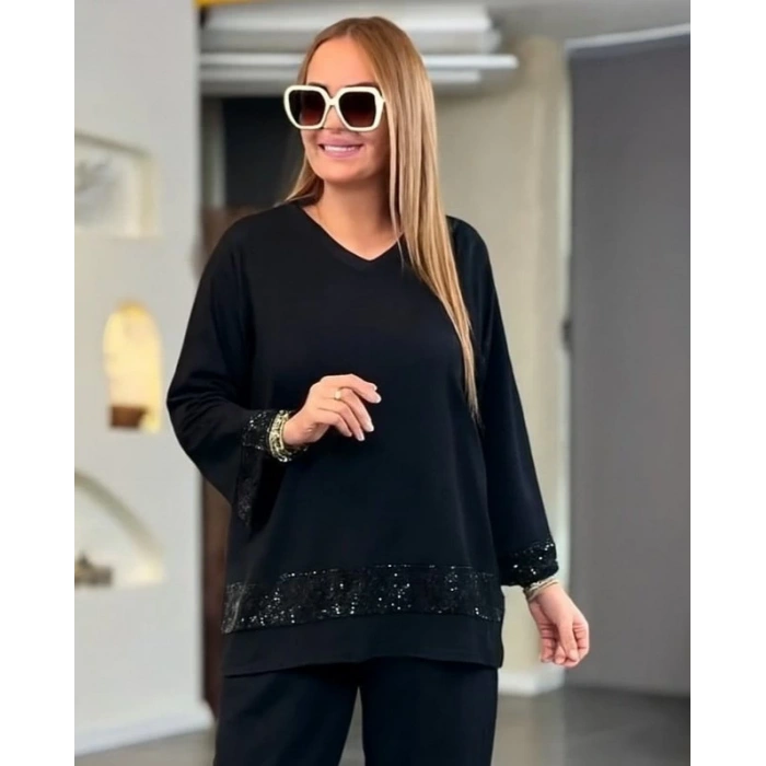 MDB Kadın Uzun Kollu V Yakalı Pulpayet Viskon Iki Iplik Bluz Ve Pantolon Takım