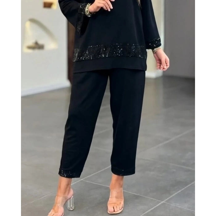 MDB Kadın Uzun Kollu V Yakalı Pulpayet Viskon Iki Iplik Bluz Ve Pantolon Takım