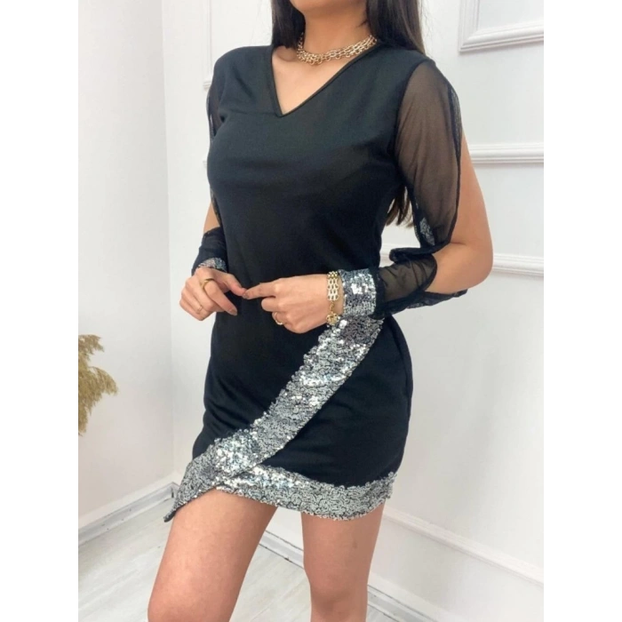 MDB Kadın Uzun Kollu V Yakalı Pulpayetli Ithal Krep Mini Elbise