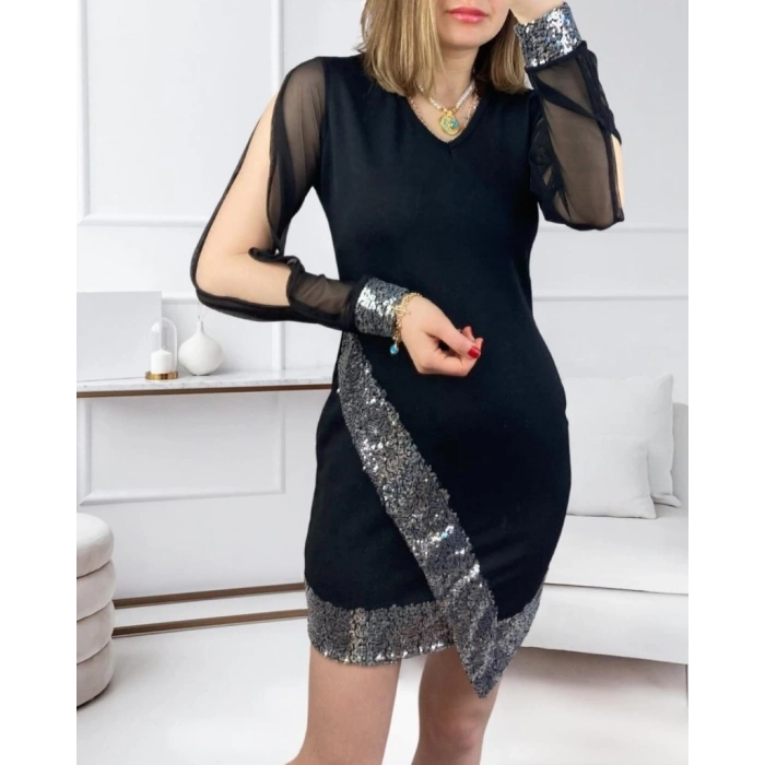 MDB Kadın Uzun Kollu V Yakalı Pulpayetli Ithal Krep Mini Elbise