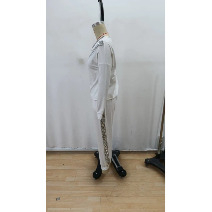 MDB Kadın Uzun Kollu V Yakalı Pulpayetli Viskon Iki Iplik Bluz Ve Pantolon