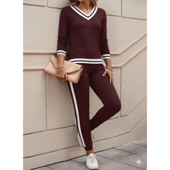 MDB Kadın Uzun Kollu V Yakalı Ribanalı Viskon Iki Iplik Bluz Ve Pantolon Ikili Takım