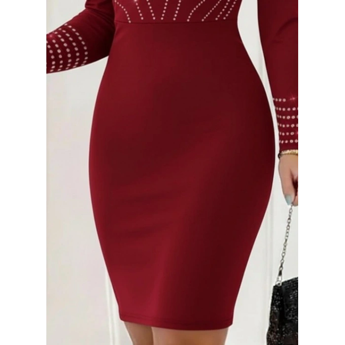 MDB Kadın Uzun Kollu V Yakalı Taşlı Mini Ithal Krep Elbise