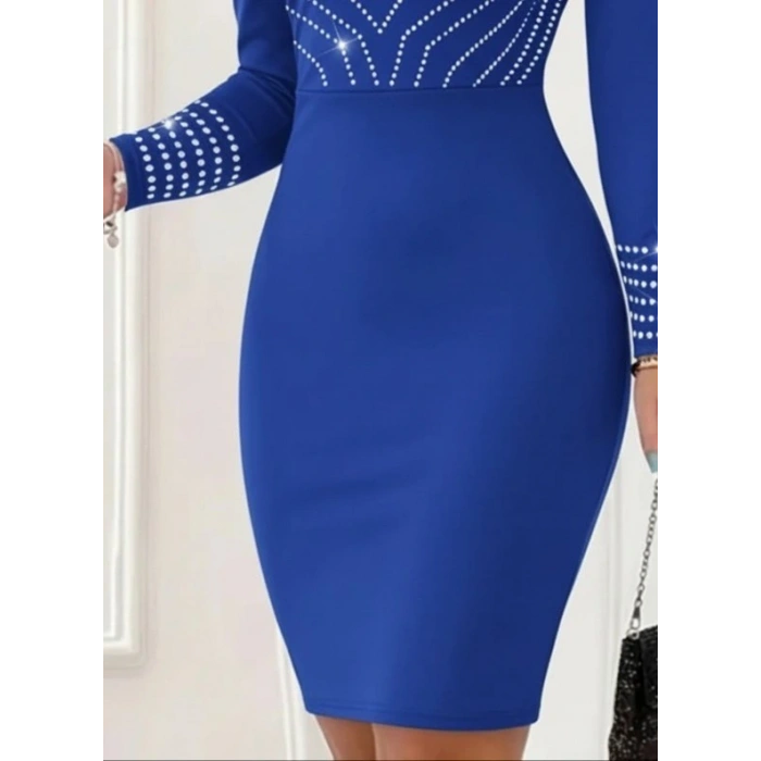 MDB Kadın Uzun Kollu V Yakalı Taşlı Mini Ithal Krep Elbise