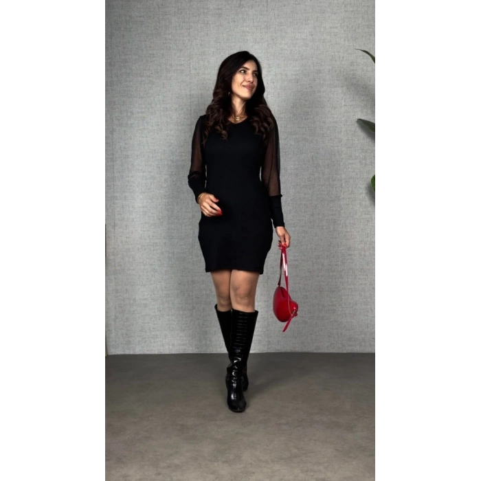 MDB Kadın Uzun Kollu V Yakalı Tül Detaylı Mini Kaşkorse Elbise