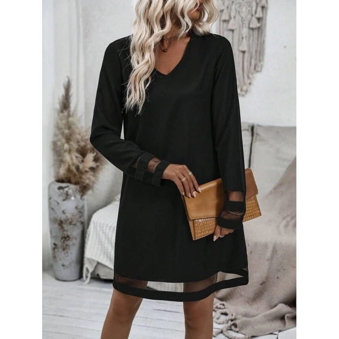 MDB Kadın Uzun Kollu V Yakalı Tül şerit Detaylı Mini Krep Elbise