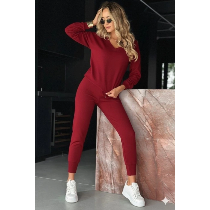 MDB Kadın Uzun Kollu V Yakalı Viskon Iki Iplik Bluz Ve Pantolon Ikili Takım