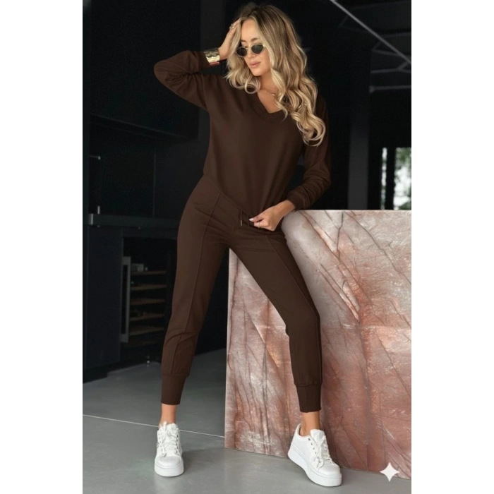 MDB Kadın Uzun Kollu V Yakalı Viskon Iki Iplik Bluz Ve Pantolon Ikili Takım