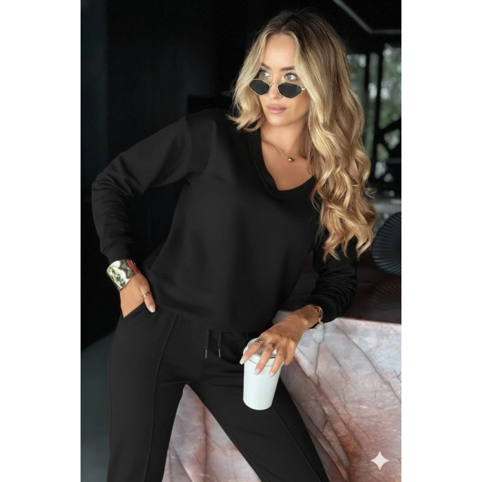 MDB Kadın Uzun Kollu V Yakalı Viskon Iki Iplik Bluz Ve Pantolon Ikili Takım