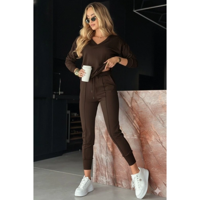 MDB Kadın Uzun Kollu V Yakalı Viskon Iki Iplik Bluz Ve Pantolon Ikili Takım