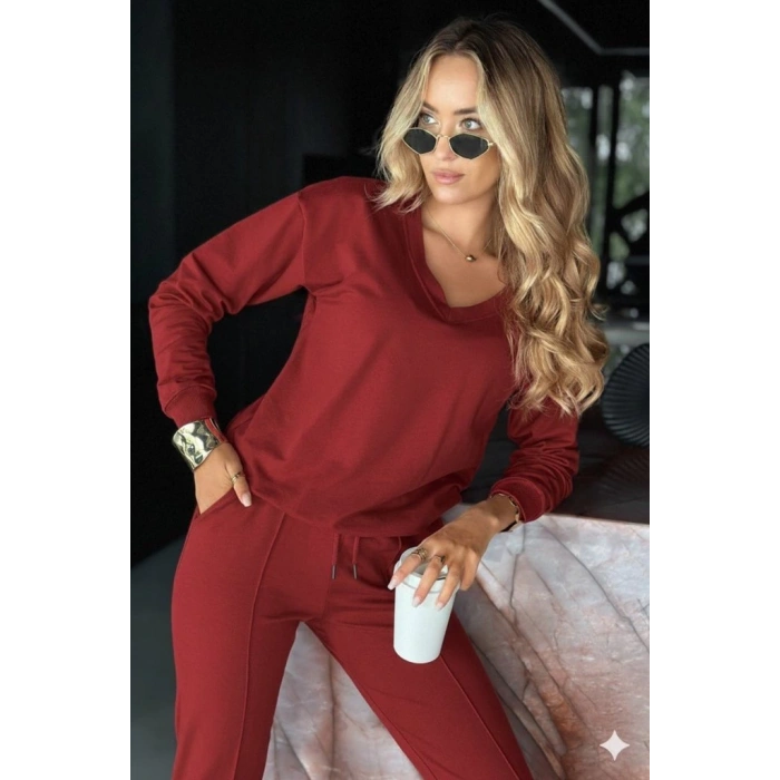 MDB Kadın Uzun Kollu V Yakalı Viskon Iki Iplik Bluz Ve Pantolon Ikili Takım