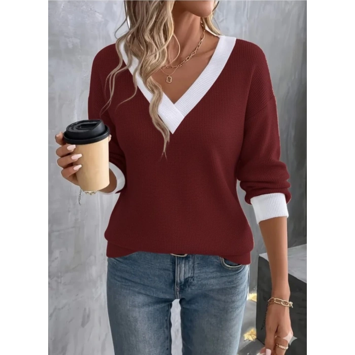 MDB Kadın Uzun Kollu V Yakalı Waffle Bluz